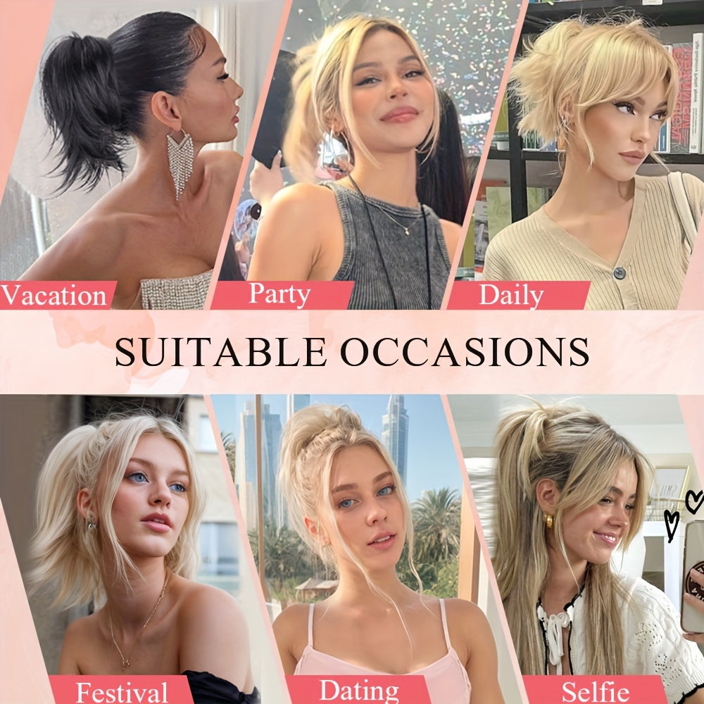 Ponytail Extension 12in/30cm Short Claw Clip On Pony Tails Hair Extensions For Women Girls Synthetic Highlight Soft Fully Natural Straight Bun Hair Piece Fake Ponytails Hairpiece Fluffy Chignon Daily Use