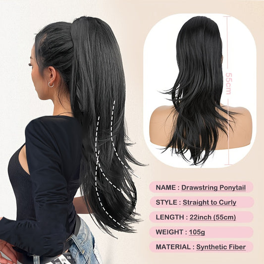 22inch/55cm Drawstring Ponytail Extension Multi-Layered Hairpieces Stand Up High Pony Tails Long Straight To Curly Hair Extensions With Mini-clip Wrap On Ponytails Pure Highlight Soft Natural Synthetic Hairpiece For Daily Party Halloween Christmas