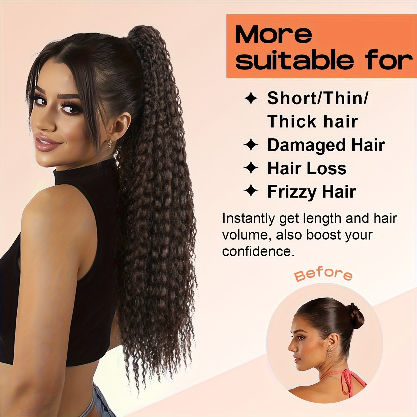 50.8cm Long Kinky Curly Ponytail Extension with Elastic Rubber Band - 12 Strands Synthetic Hairpiece for Women, Soft & Stylish Afro Curly Hair, Easy to Style, Natural Look, Hair Stylist Gifts, Natural Look Hairpiece, Secure Fit Hairband
