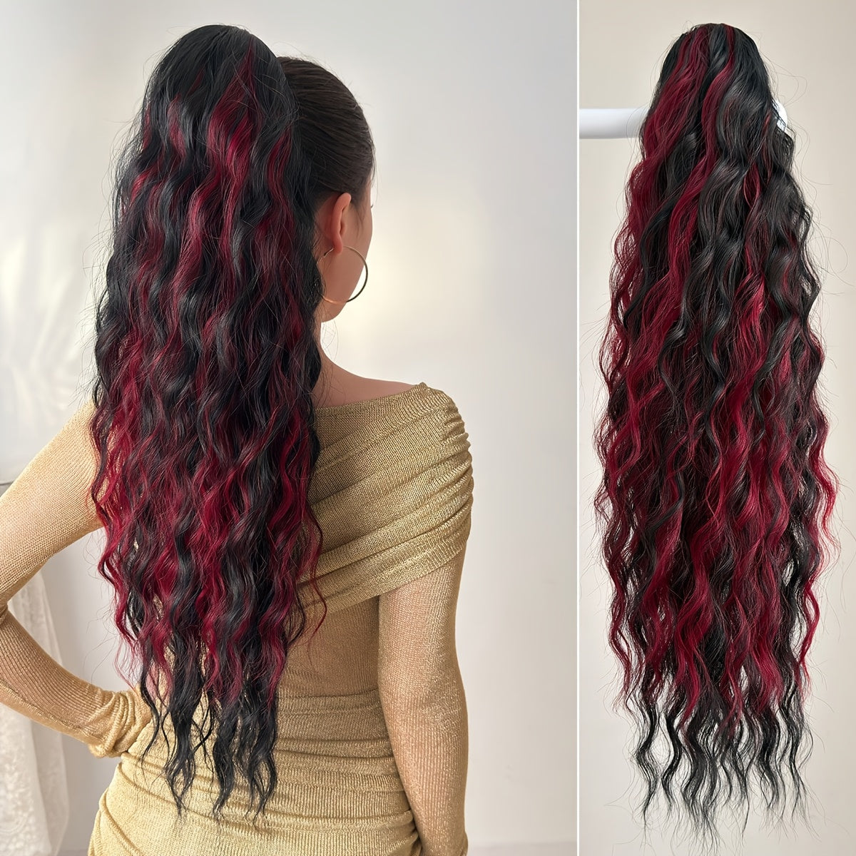Ponytail Extension Drawstring Clip in Hair Extensions 28 inch Long Wave Synthetic Hairpiece wine red