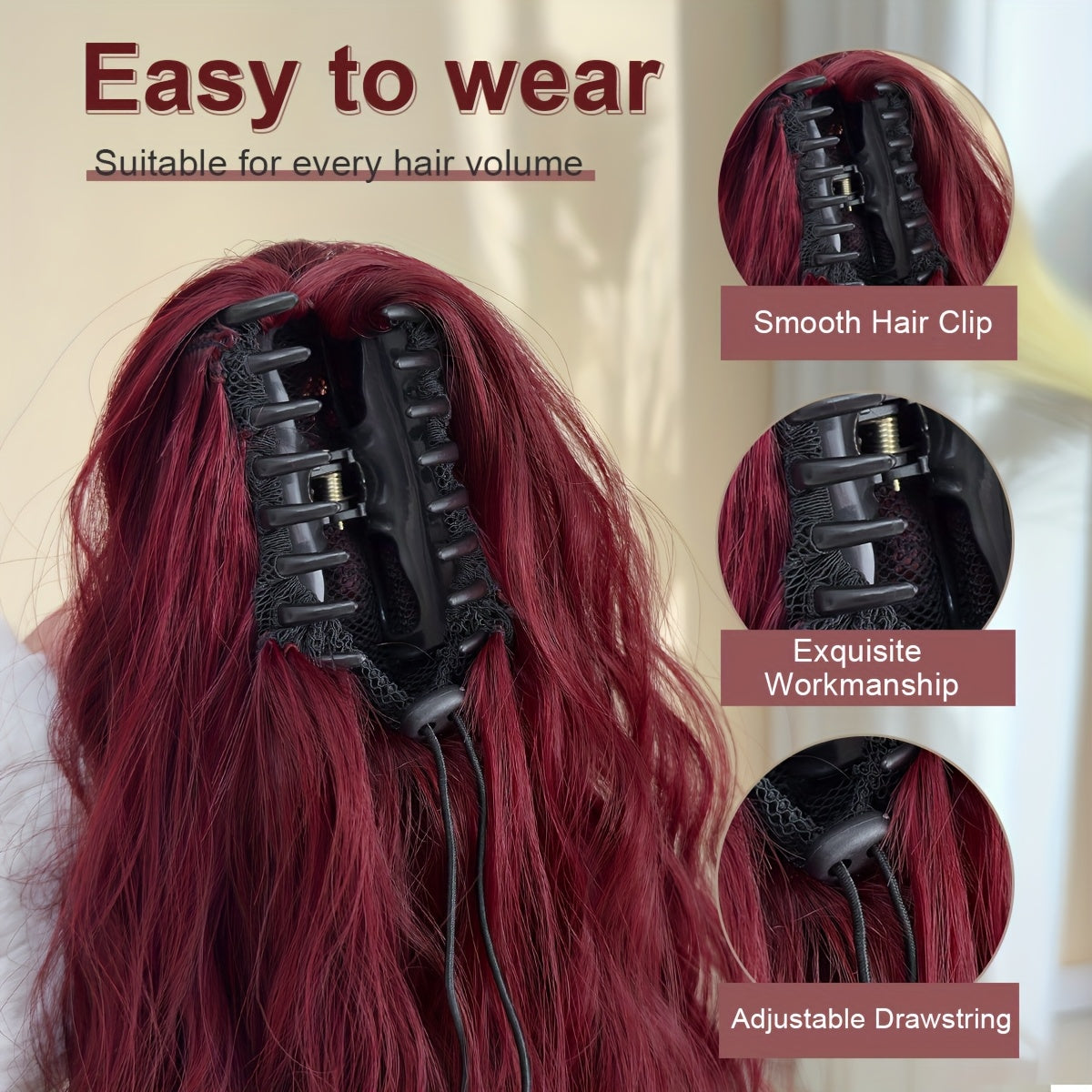 Ponytail Extension Drawstring Clip in Hair Extensions 28 inch Long Wave Synthetic Hairpiece wine red