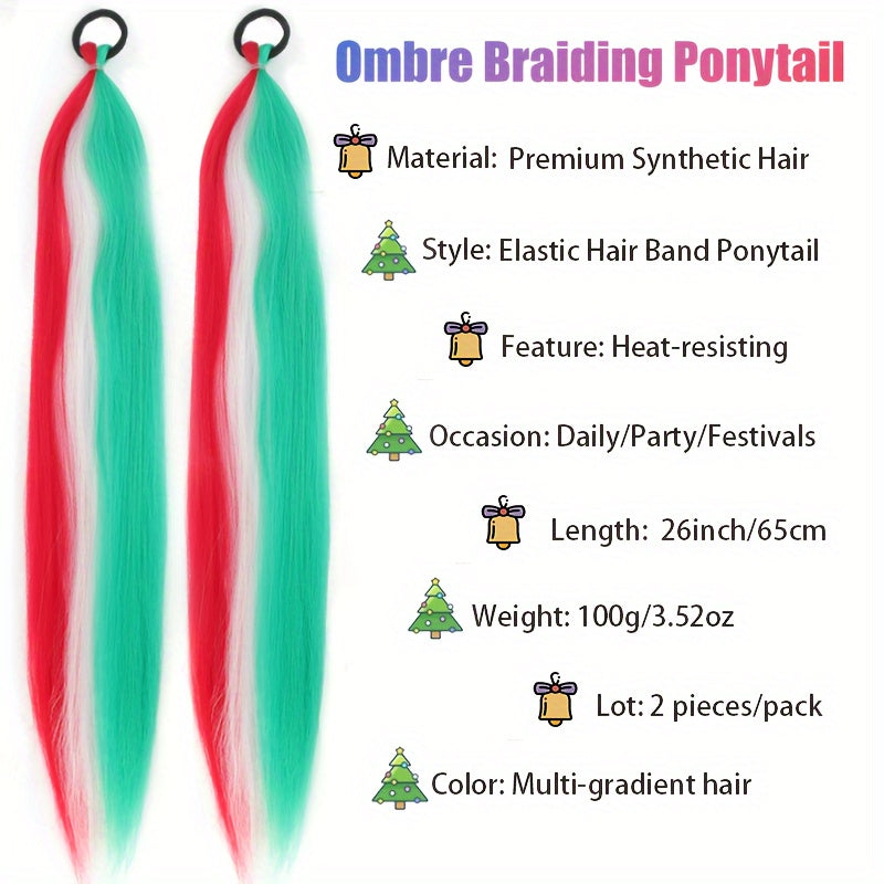 2pcs Festive Ombre Jumbo Braiding Ponytail Extensions, 26-Inch Synthetic High Temperature Fiber Hair with Elastic Band for Women & Girls - Ideal for Christmas & Holiday Celebrations, Hair Accessories