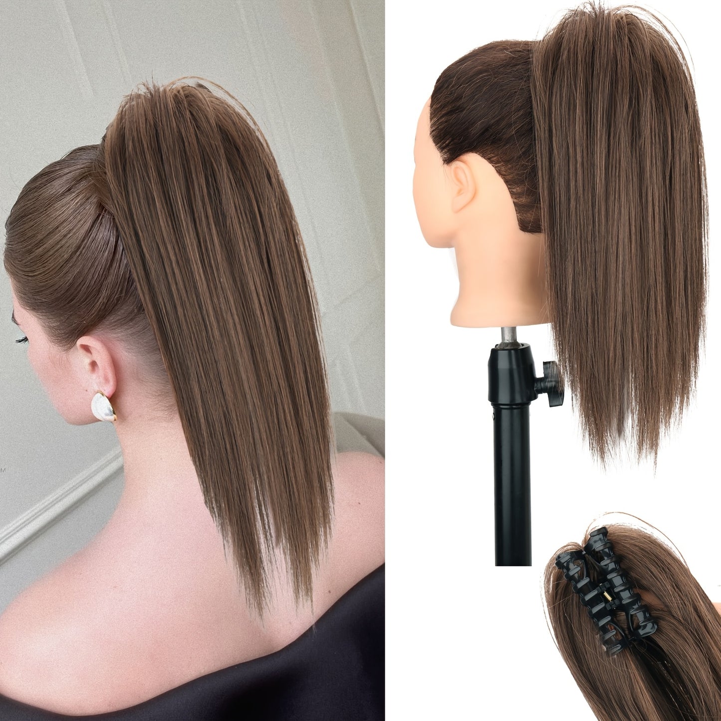 40.64cm Fluffy Synthetic Claw Clip-On Ponytail Extensions for Women - Short Straight Hair Bun Pieces for Daily Use, Parties, and Halloween, Cute Hair Accessories, Party Hairpiece, Natural Look Hairpiece