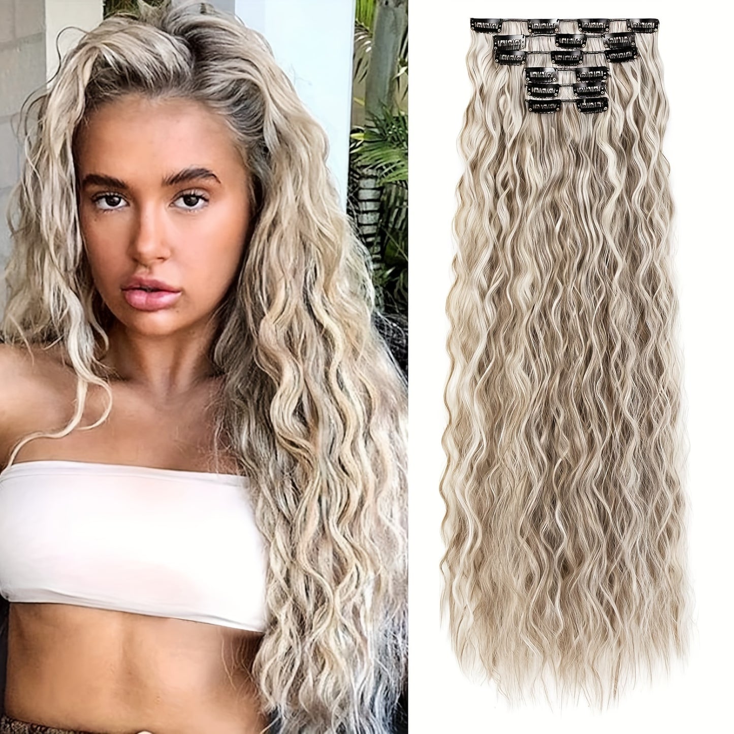 6pcs Clip-in Hair Extensions I6, 55cm Long Mermaid Wavy Synthetic Basics Hairpieces, Jerry Curl Style, for Women
