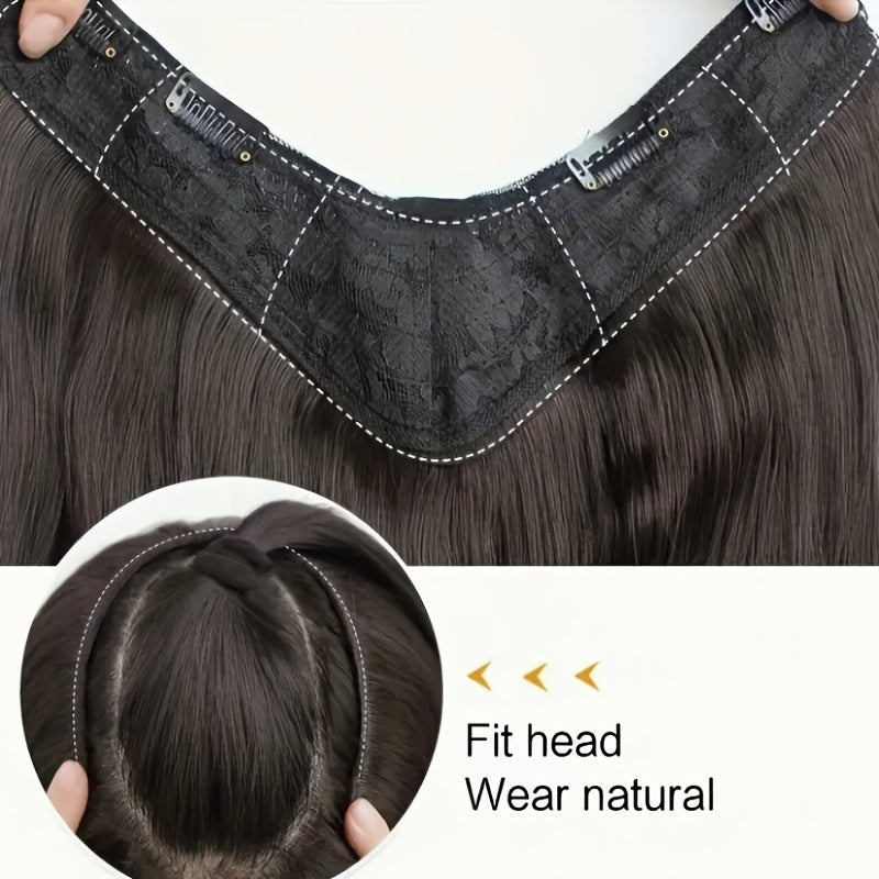 Elegant 20-Inch V-Shaped Clip-On Wig for Women - Long Curly Wavy Hairpiece with 4 Hidden Clips, Natural Look, Multiple Colors (Beige, Brown, Black) - Perfect for Daily Wear & Special Occasions, Versatile Hairpiece, Sleek Hairpiece, Secure Fit Hairpiece