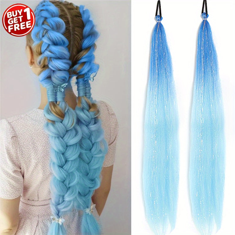 2-Pack 26-Inch Jumbo Braided Ponytail Hair Extensions - Soft Synthetic Straight Hair with Tinsel, Elastic Band, and Natural-Looking Roots for All Occasions, Easy to Wear and Style