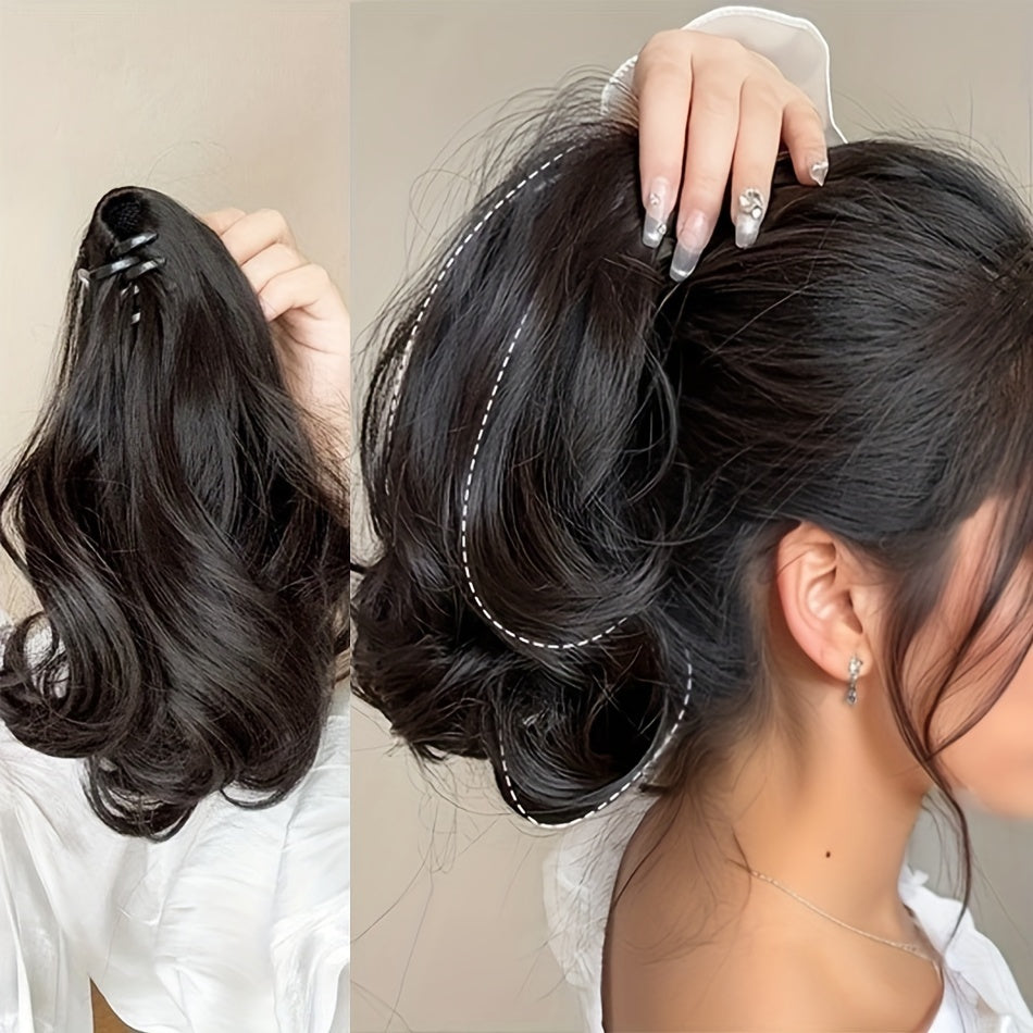 Elegant 34.8cm Pear Blossom Claw Clip Ponytail Extension - Voluminous Curly Wave, 100g Heat-Resistant Synthetic Hair, Chic Short Style with Tassel Accent for Women, Ponytail Hair Extensions
