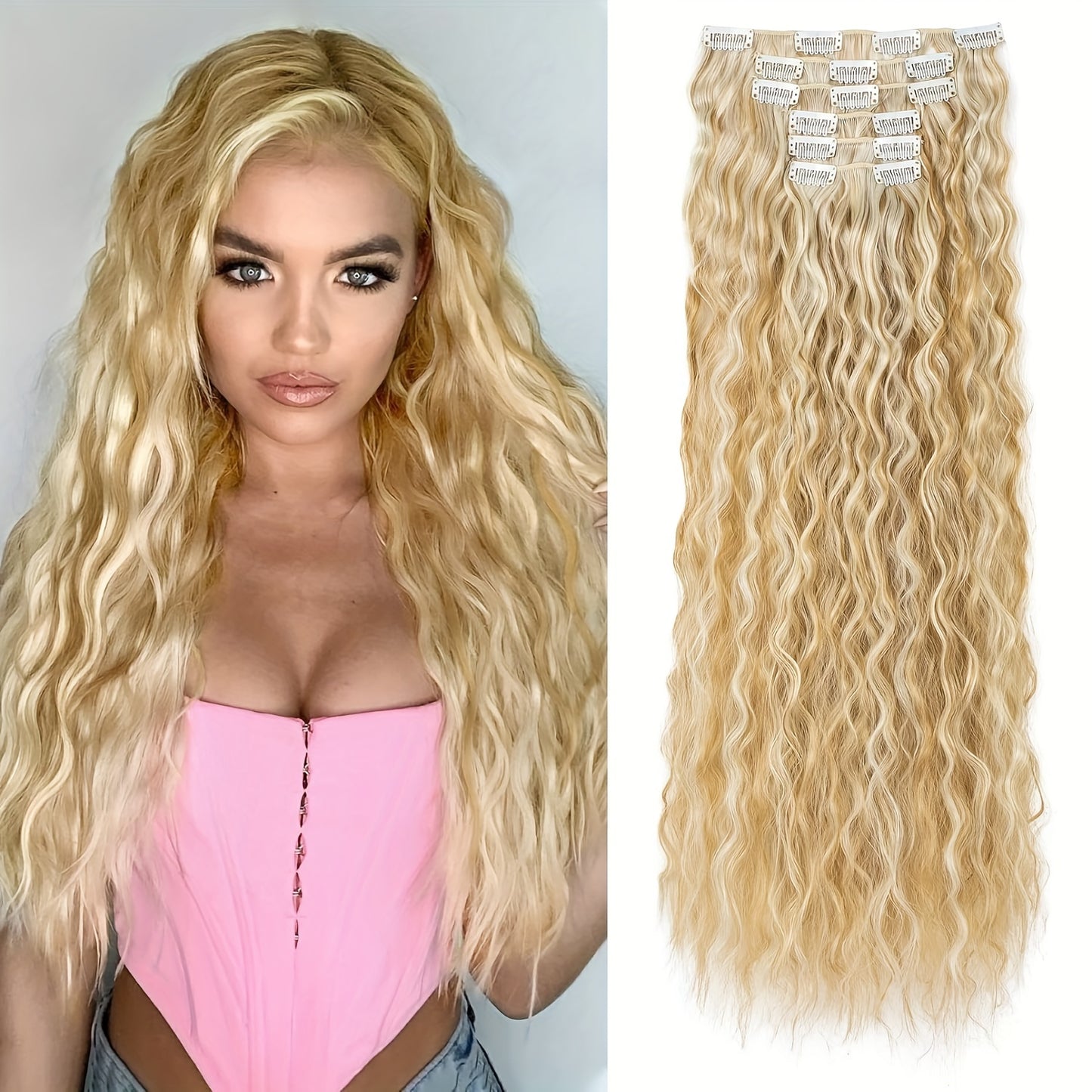 6pcs Clip-in Hair Extensions I6, 55cm Long Mermaid Wavy Synthetic Basics Hairpieces, Jerry Curl Style, for Women