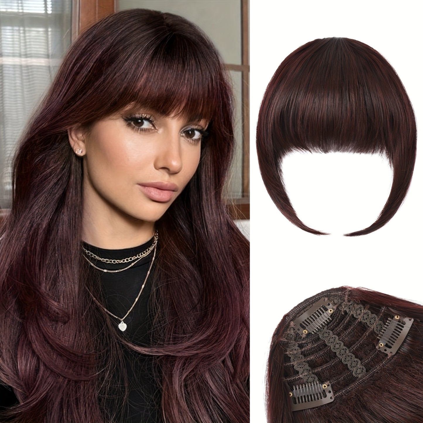 Women's Clip-In Bangs - Natural Look Fake Bangs Extensions with Temples, Easy to Use No Glue Needed, Straight Hairstyle, for Everyday & Special Events - Salon-Quality Fringe Hairpiece, Glossy Finish