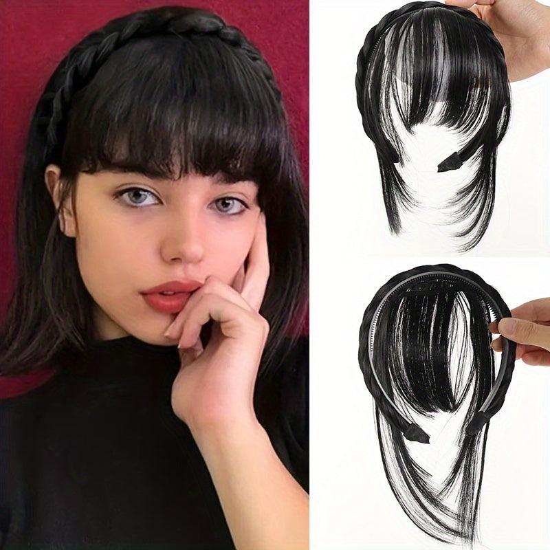 Women's Synthetic Straight Hair Bangs with Braided Headband, Fashion Hairpiece Extension, Universal Fit for All - Basic Style Hair Accessory