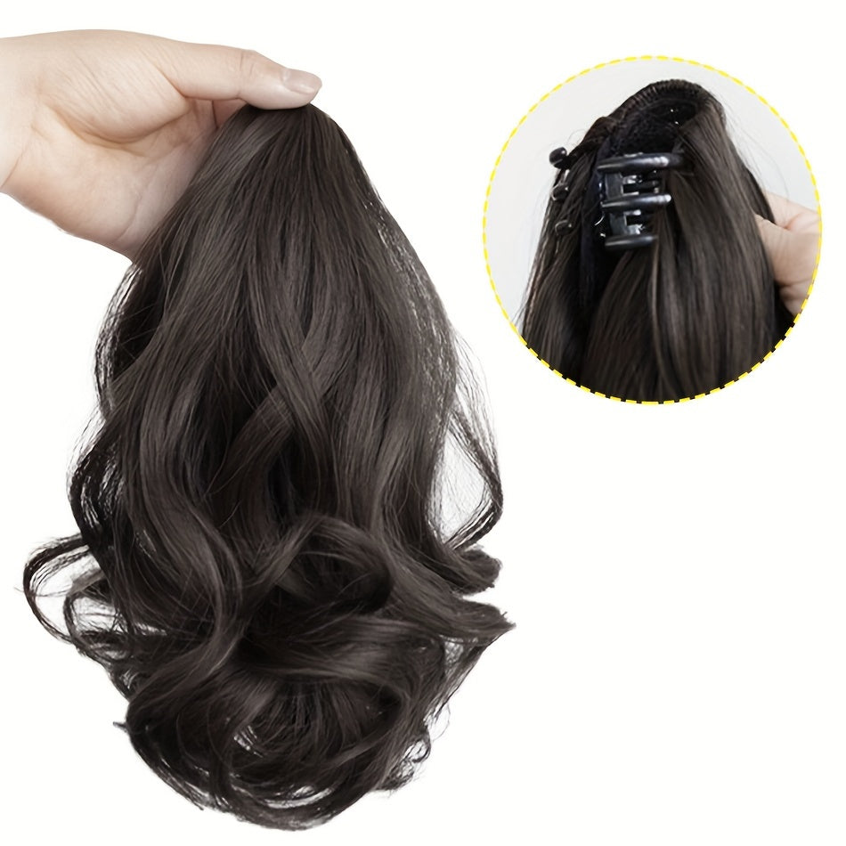 Elegant 34.8cm Pear Blossom Claw Clip Ponytail Extension - Voluminous Curly Wave, 100g Heat-Resistant Synthetic Hair, Chic Short Style with Tassel Accent for Women, Ponytail Hair Extensions