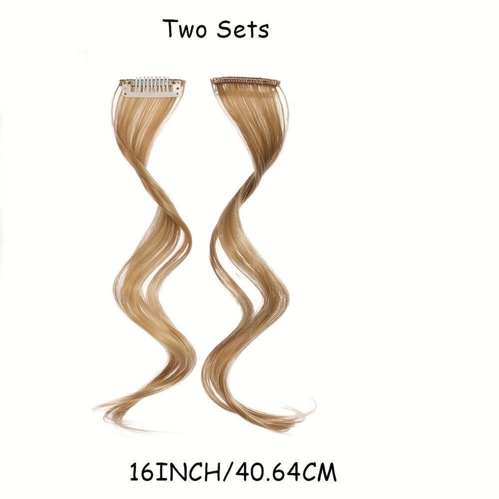 16-Inch Two-Piece Clip Synthetic Bangs Wig Pieces - Wavy Texture Natural Styling Long Side Tassel Hair Extension, Elegant Style, Suitable for Women'S Daily Wear, Wedding Party, Themed Party, Festival Celebration