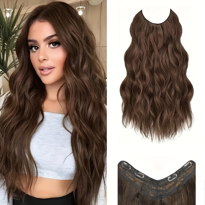 Elegant 20-Inch V-Shaped Clip-On Wig for Women - Long Curly Wavy Hairpiece with 4 Hidden Clips, Natural Look, Multiple Colors (Beige, Brown, Black) - Perfect for Daily Wear & Special Occasions, Versatile Hairpiece, Sleek Hairpiece, Secure Fit Hairpiece