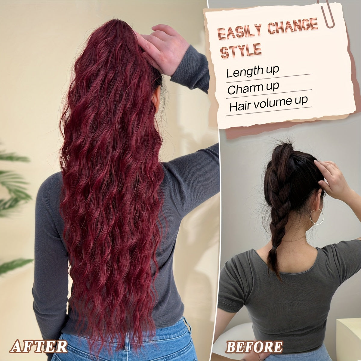 Ponytail Extension Drawstring Clip in Hair Extensions 28 inch Long Wave Synthetic Hairpiece wine red