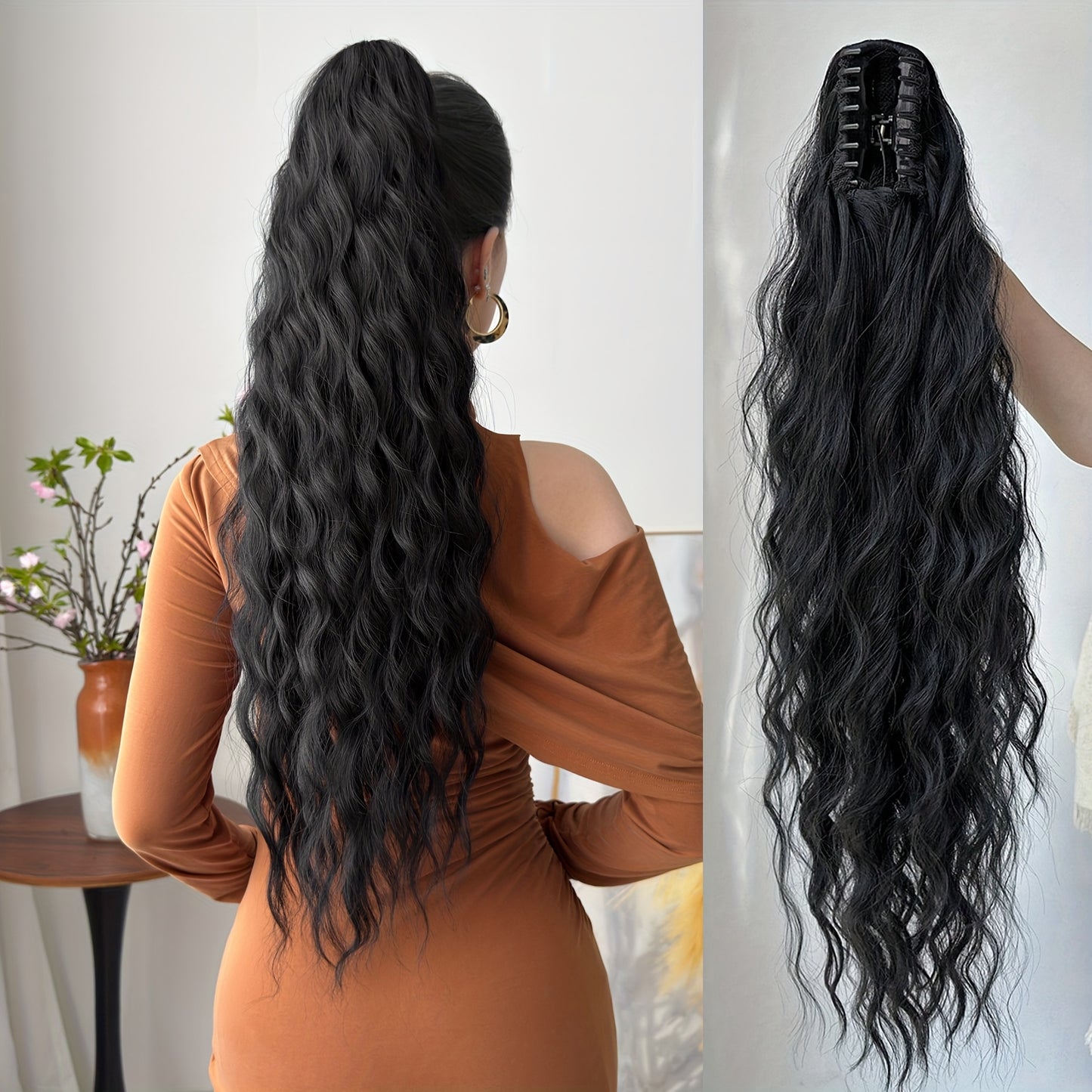 Ponytail Extension Drawstring Clip in Hair Extensions 28 inch Long Wave Synthetic Hairpiece wine red