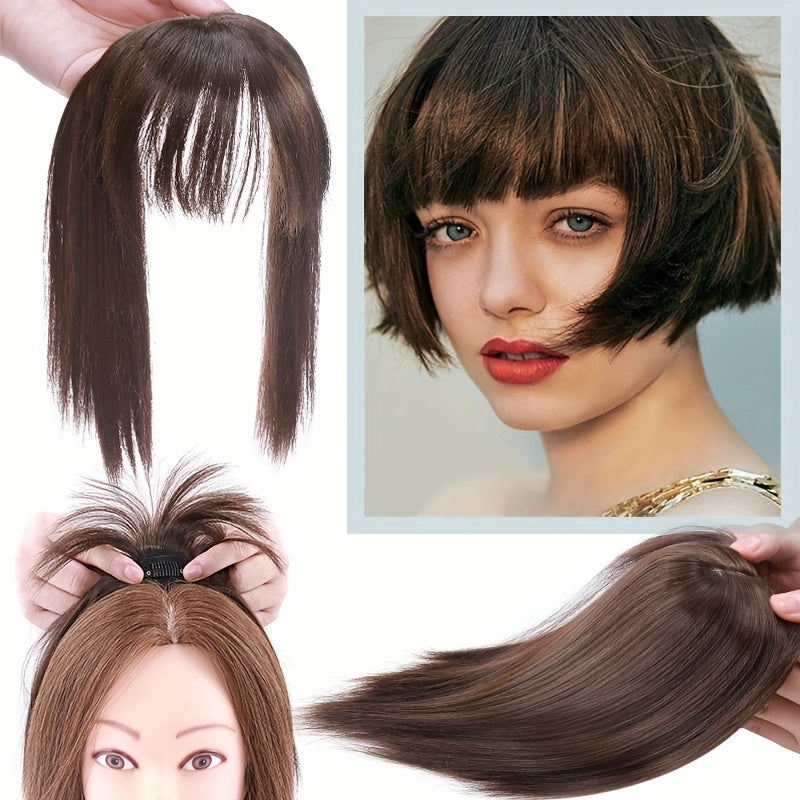 10inch/25cm Hair Toppers Natural Straight Hairpiece With Bangs For Women 100% Soft Toupee Hair 2 Clips Silk Base Clip In Top Synthetic Hair Extensions Hair Pieces For Thinning Hair Wiglets Upgrade Lace Base Topper Festival Cosplay Party Daily Use
