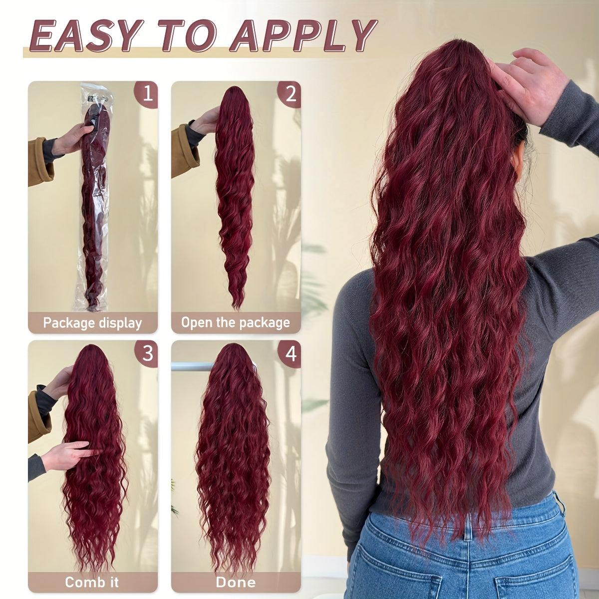 Ponytail Extension Drawstring Clip in Hair Extensions 28 inch Long Wave Synthetic Hairpiece wine red