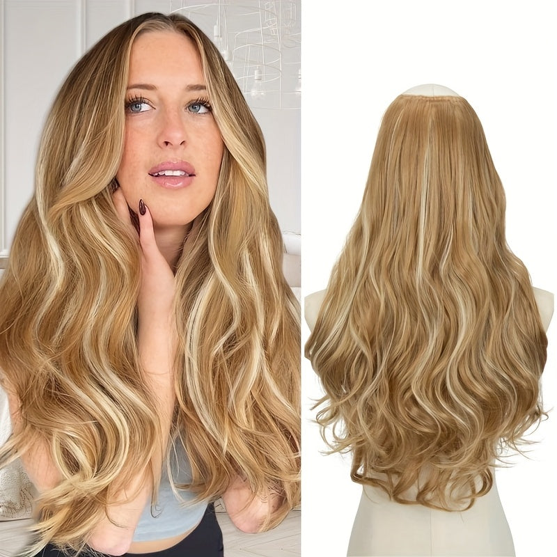 Elegant 20-Inch V-Shaped Clip-On Wig for Women - Long Curly Wavy Hairpiece with 4 Hidden Clips, Natural Look, Multiple Colors (Beige, Brown, Black) - Perfect for Daily Wear & Special Occasions, Versatile Hairpiece, Sleek Hairpiece, Secure Fit Hairpiece