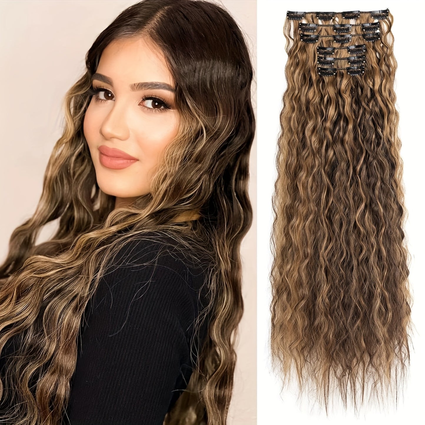 6pcs Clip-in Hair Extensions I6, 55cm Long Mermaid Wavy Synthetic Basics Hairpieces, Jerry Curl Style, for Women