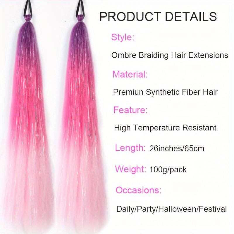 2-Pack 26-Inch Jumbo Braided Ponytail Hair Extensions - Soft Synthetic Straight Hair with Tinsel, Elastic Band, and Natural-Looking Roots for All Occasions, Easy to Wear and Style