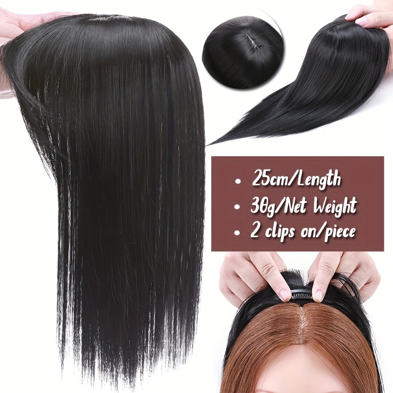 10inch/25cm Hair Toppers Natural Straight Hairpiece With Bangs For Women 100% Soft Toupee Hair 2 Clips Silk Base Clip In Top Synthetic Hair Extensions Hair Pieces For Thinning Hair Wiglets Upgrade Lace Base Topper Festival Cosplay Party Daily Use