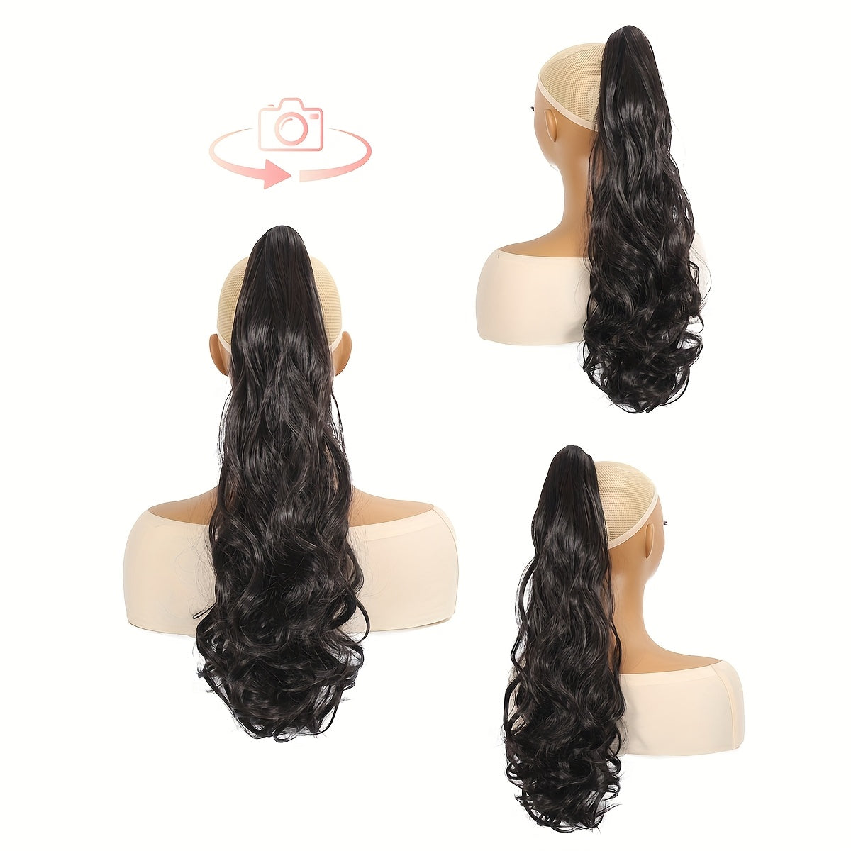 22-Inch Clip-In Ponytail Extensions with Curly Wavy Hair, Made from Heat-Resistant Synthetic Fibers, Featuring a Chocolate Brown And Black Natural Soft And Elastic Wavy Texture, Suitable for Women And Girls for Everyday Wear And Halloween Costume Parties.