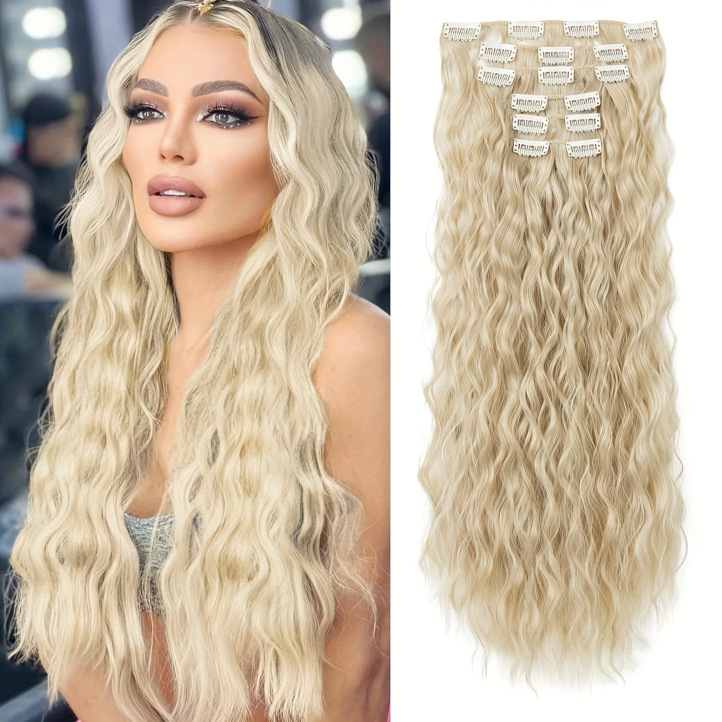 6pcs Clip-in Hair Extensions I6, 55cm Long Mermaid Wavy Synthetic Basics Hairpieces, Jerry Curl Style, for Women