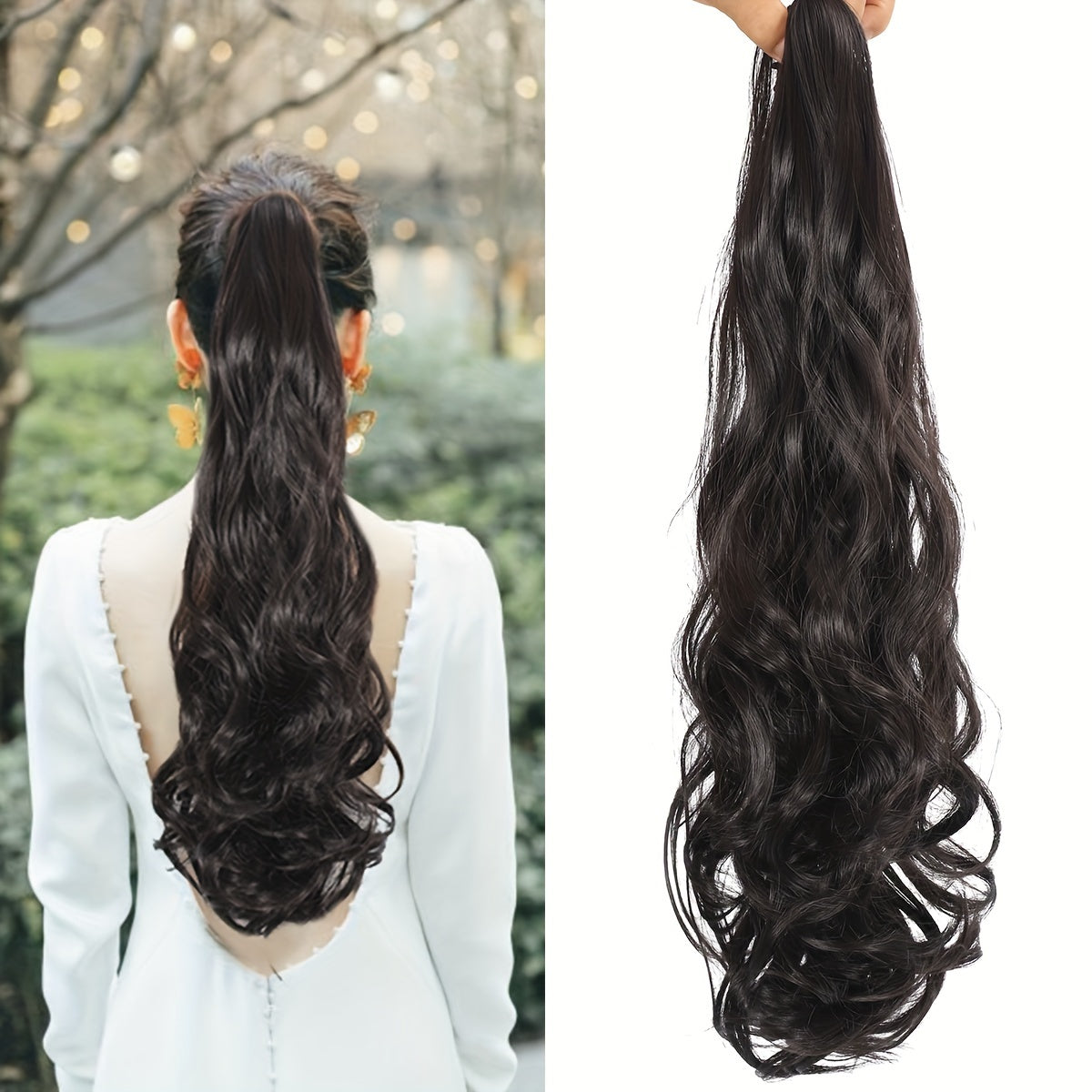 22-Inch Clip-In Ponytail Extensions with Curly Wavy Hair, Made from Heat-Resistant Synthetic Fibers, Featuring a Chocolate Brown And Black Natural Soft And Elastic Wavy Texture, Suitable for Women And Girls for Everyday Wear And Halloween Costume Parties.