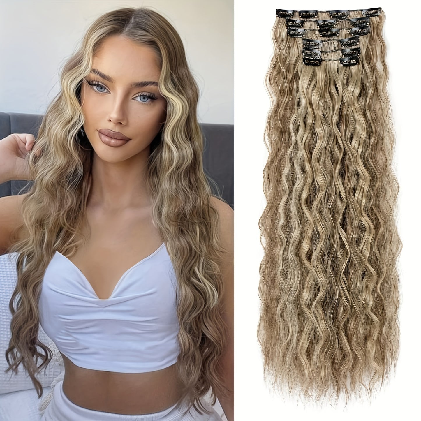 6pcs Clip-in Hair Extensions I6, 55cm Long Mermaid Wavy Synthetic Basics Hairpieces, Jerry Curl Style, for Women