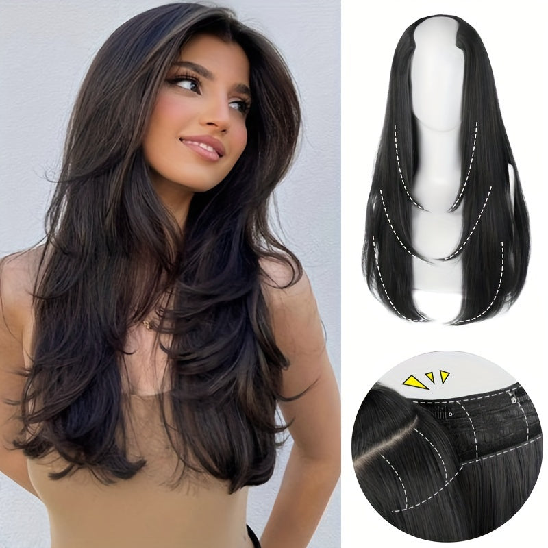 U Part Wig Straight Hair Wigs For Women 18Inches U Shape Clip In Half Wigs Natural Color Invisible Seamless Hair Extension Full Head Long Clip In On Hair Pieces For Women Black Brown Hair Clips Hair Accessories Halloween Christmas