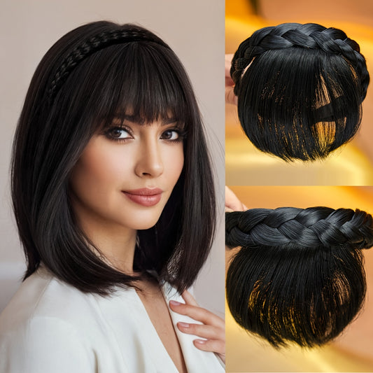 Front Hair Bangs Fringe Hair Extensions Headband, Synthetic Bangs Headband for Women Girls, cosplay/wedding photo/party(Black)