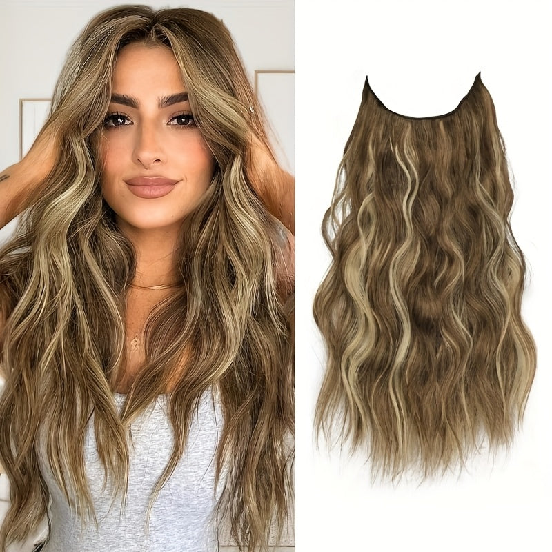 Elegant 20-Inch V-Shaped Clip-On Wig for Women - Long Curly Wavy Hairpiece with 4 Hidden Clips, Natural Look, Multiple Colors (Beige, Brown, Black) - Perfect for Daily Wear & Special Occasions, Versatile Hairpiece, Sleek Hairpiece, Secure Fit Hairpiece