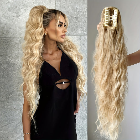 Ponytail Extension Drawstring Clip in Hair Extensions 28 inch Long Wave Synthetic Hairpiece wine red