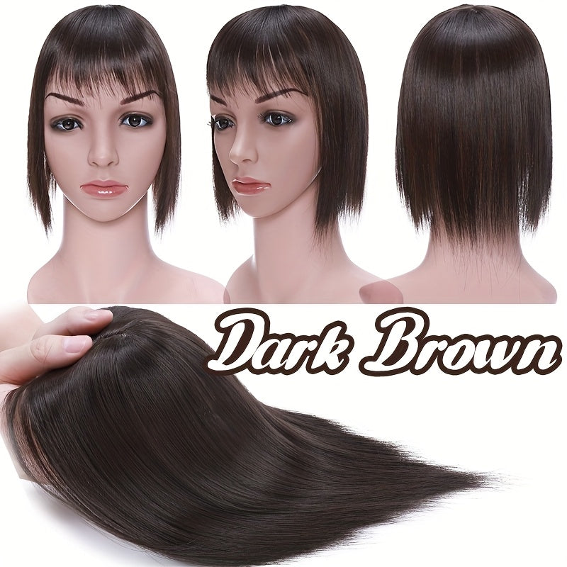 10inch/25cm Hair Toppers Natural Straight Hairpiece With Bangs For Women 100% Soft Toupee Hair 2 Clips Silk Base Clip In Top Synthetic Hair Extensions Hair Pieces For Thinning Hair Wiglets Upgrade Lace Base Topper Festival Cosplay Party Daily Use