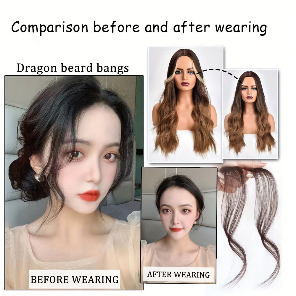 16-Inch Two-Piece Clip Synthetic Bangs Wig Pieces - Wavy Texture Natural Styling Long Side Tassel Hair Extension, Elegant Style, Suitable for Women'S Daily Wear, Wedding Party, Themed Party, Festival Celebration