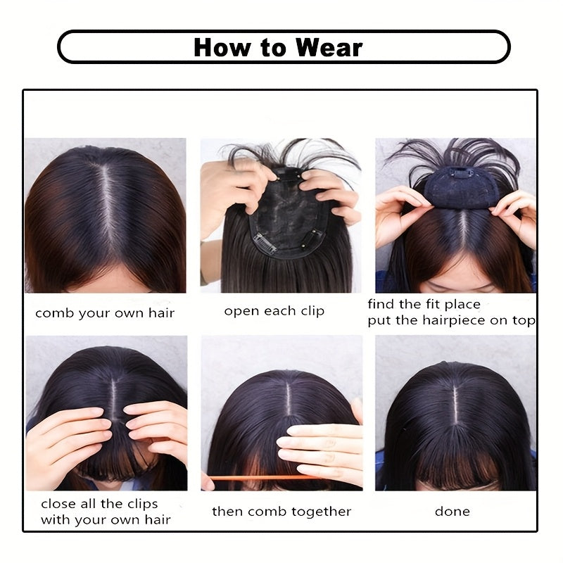 10inch/25cm Hair Toppers Natural Straight Hairpiece With Bangs For Women 100% Soft Toupee Hair 2 Clips Silk Base Clip In Top Synthetic Hair Extensions Hair Pieces For Thinning Hair Wiglets Upgrade Lace Base Topper Festival Cosplay Party Daily Use
