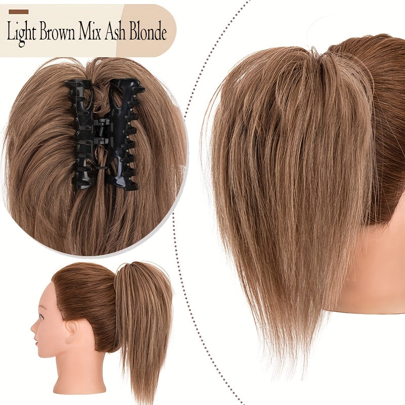 Ponytail Extension 12in/30cm Short Claw Clip On Pony Tails Hair Extensions For Women Girls Synthetic Highlight Soft Fully Natural Straight Bun Hair Piece Fake Ponytails Hairpiece Fluffy Chignon Daily Use