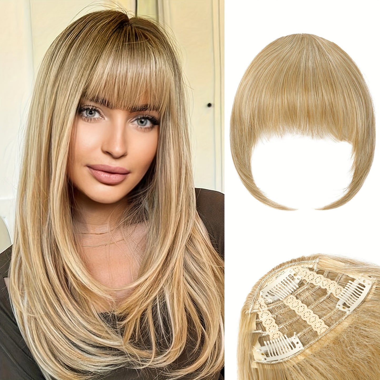 Women's Clip-In Bangs - Natural Look Fake Bangs Extensions with Temples, Easy to Use No Glue Needed, Straight Hairstyle, for Everyday & Special Events - Salon-Quality Fringe Hairpiece, Glossy Finish