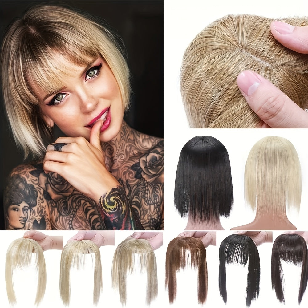 10inch/25cm Hair Toppers Natural Straight Hairpiece With Bangs For Women 100% Soft Toupee Hair 2 Clips Silk Base Clip In Top Synthetic Hair Extensions Hair Pieces For Thinning Hair Wiglets Upgrade Lace Base Topper Festival Cosplay Party Daily Use