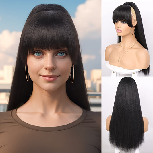 1pc Glamour Lady Elegant clip-on Fringe wig Yaki Straight synthetic fiber, heat resistant, lightweight 25g, 20.32 cm, natural look, with sideburns, suitable for all ethnic groups, Thanksgiving gift, perfect for gifting