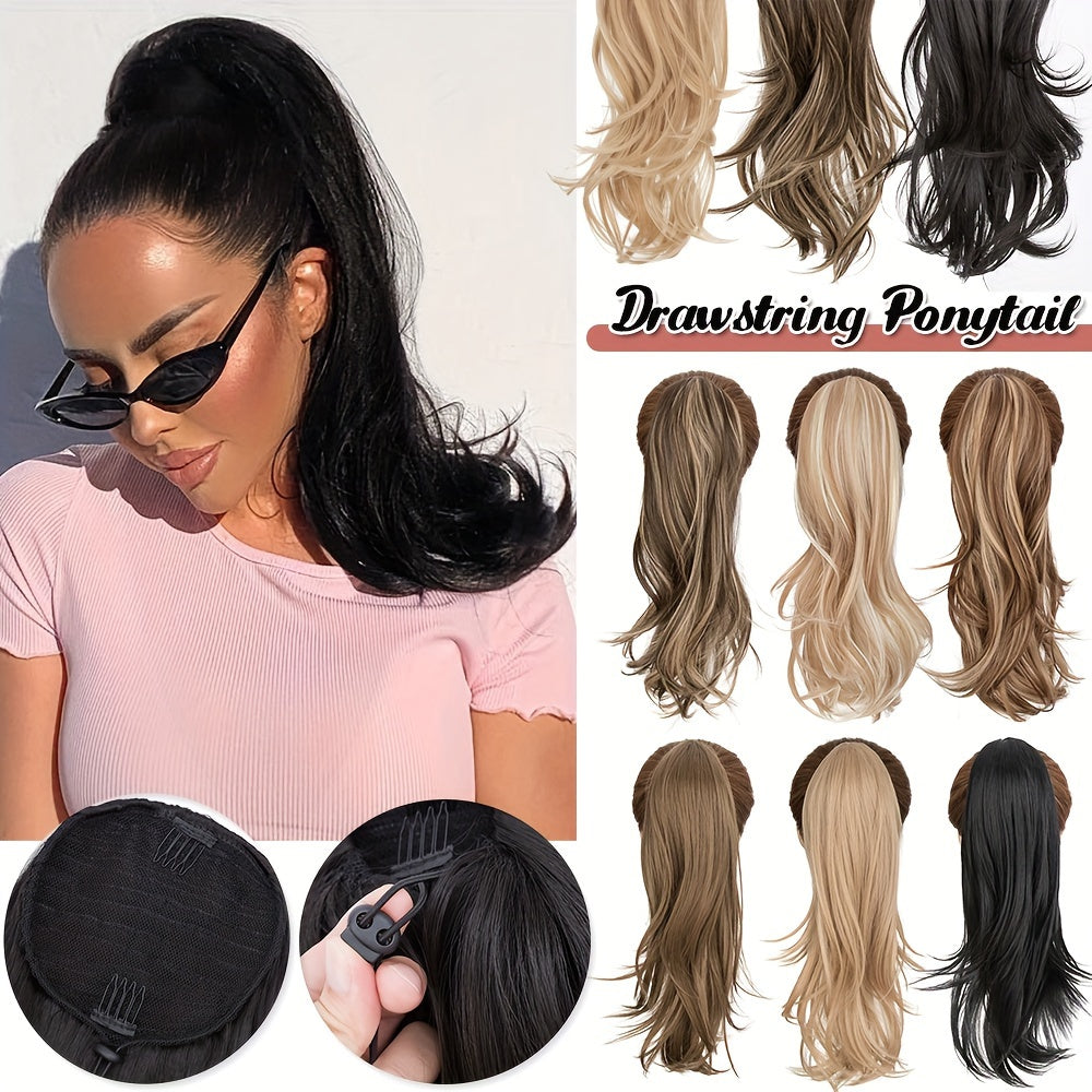 22inch/55cm Drawstring Ponytail Extension Multi-Layered Hairpieces Stand Up High Pony Tails Long Straight To Curly Hair Extensions With Mini-clip Wrap On Ponytails Pure Highlight Soft Natural Synthetic Hairpiece For Daily Party Halloween Christmas