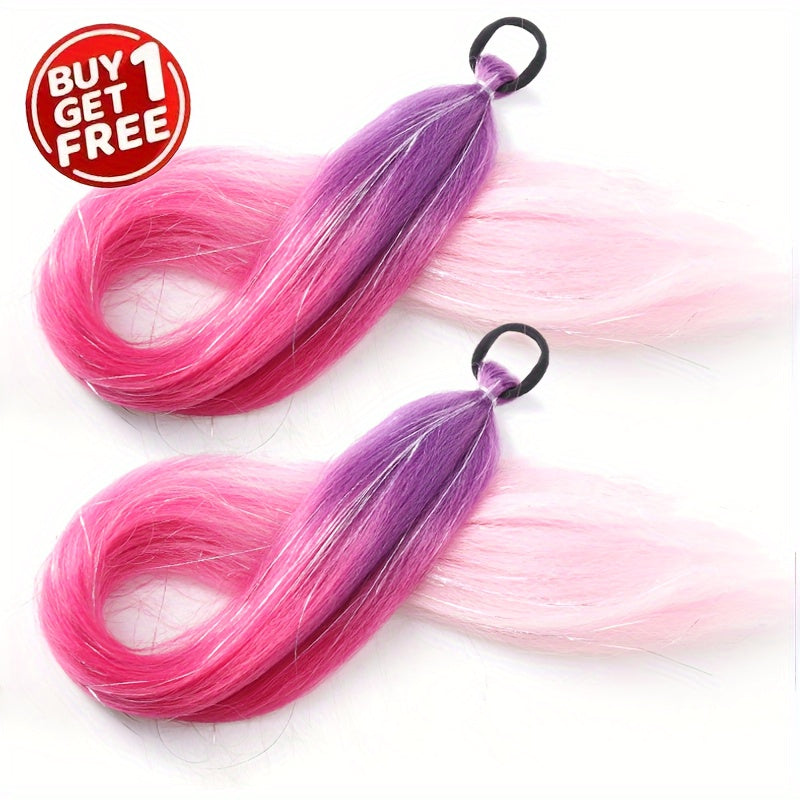 Women's Ombre Ponytail Hair Extensions, 2 Pack Synthetic Straight Braiding Hair with Tinsel, Elastic Band Jumbo Braid Ponytail for All Occasions, 26-Inch