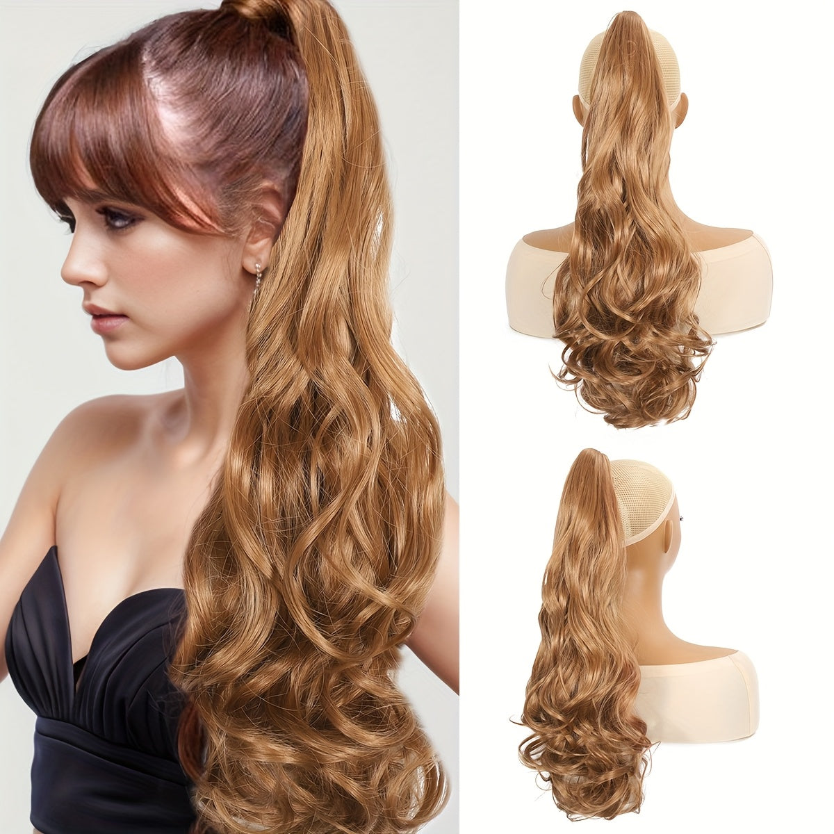 22-Inch Clip-In Ponytail Extensions with Curly Wavy Hair, Made from Heat-Resistant Synthetic Fibers, Featuring a Chocolate Brown And Black Natural Soft And Elastic Wavy Texture, Suitable for Women And Girls for Everyday Wear And Halloween Costume Parties.