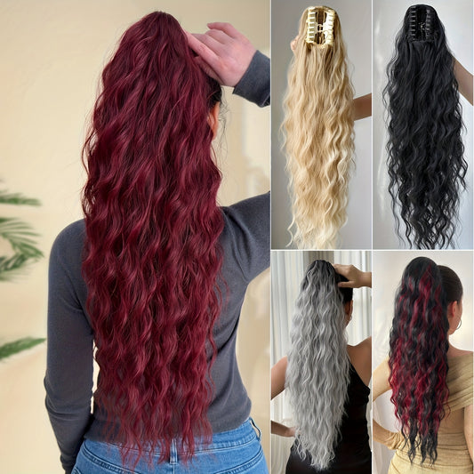 Ponytail Extension Drawstring Clip in Hair Extensions 28 inch Long Wave Synthetic Hairpiece wine red