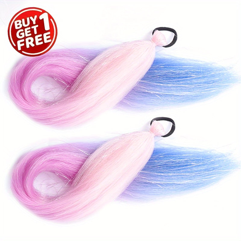 Women's Ombre Ponytail Hair Extensions, 2 Pack Synthetic Straight Braiding Hair with Tinsel, Elastic Band Jumbo Braid Ponytail for All Occasions, 26-Inch