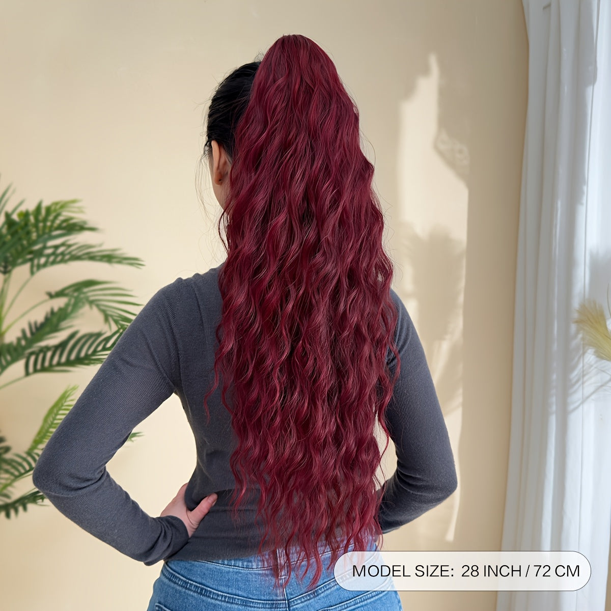 Ponytail Extension Drawstring Clip in Hair Extensions 28 inch Long Wave Synthetic Hairpiece wine red
