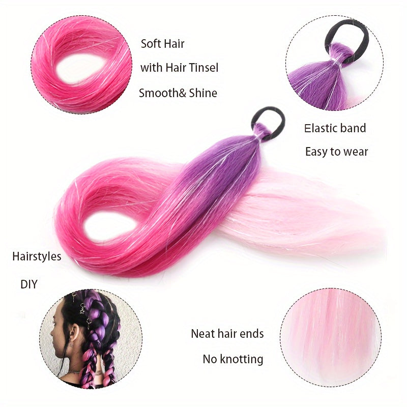 2-Pack 26-Inch Jumbo Braided Ponytail Hair Extensions - Soft Synthetic Straight Hair with Tinsel, Elastic Band, and Natural-Looking Roots for All Occasions, Easy to Wear and Style